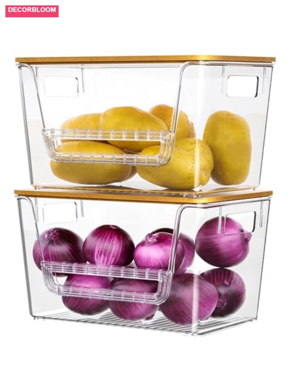 2 Pack Pantry Organizers Clear Onion Storage Bins with Bamboo Lids Stackable
